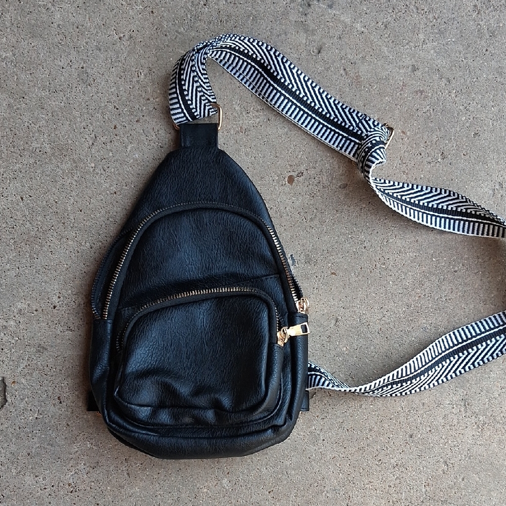 Black Crossbody Sling Bag with Striped Strap